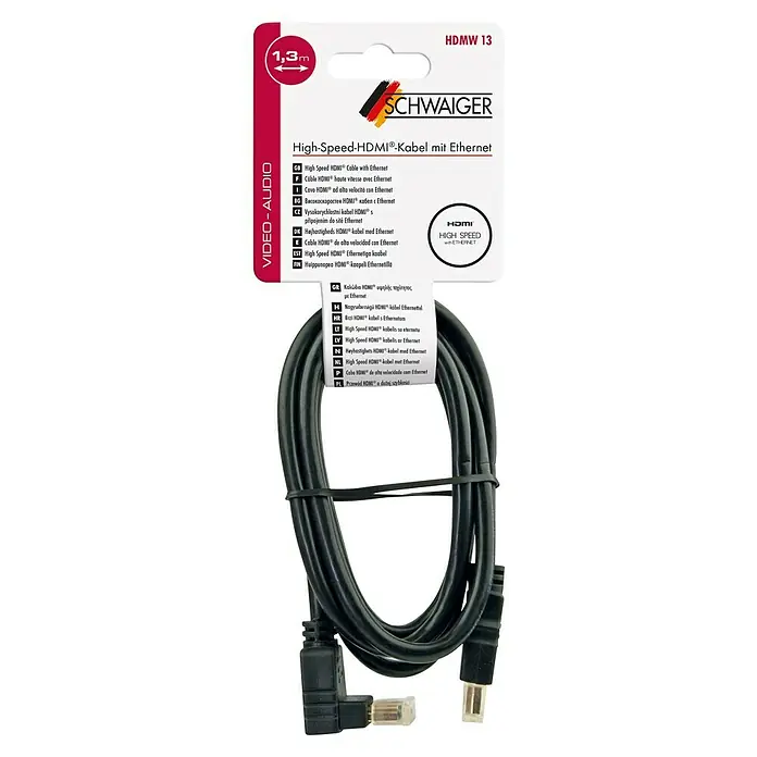 Schwaiger HDMI-Kabel - 1,3 m, Vergoldete Kontakte, 90° Winkelstecker (einseitig) - Nahaufnahme des Schwaiger High-Speed HDMI-Kabels mit Ethernet, ideal für die schnelle und zuverlässige Datenübertragung.