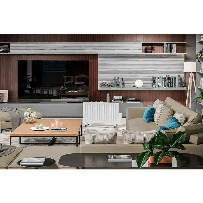Voltomat HEATING Ölradiator - 800 W, Raumgröße bis ca. 8 m², Weiß - Ein weißer, beweglicher Heizkörper steht im modernen Wohnzimmer, der für wohlige Wärme sorgt und sich leicht verschieben lässt.