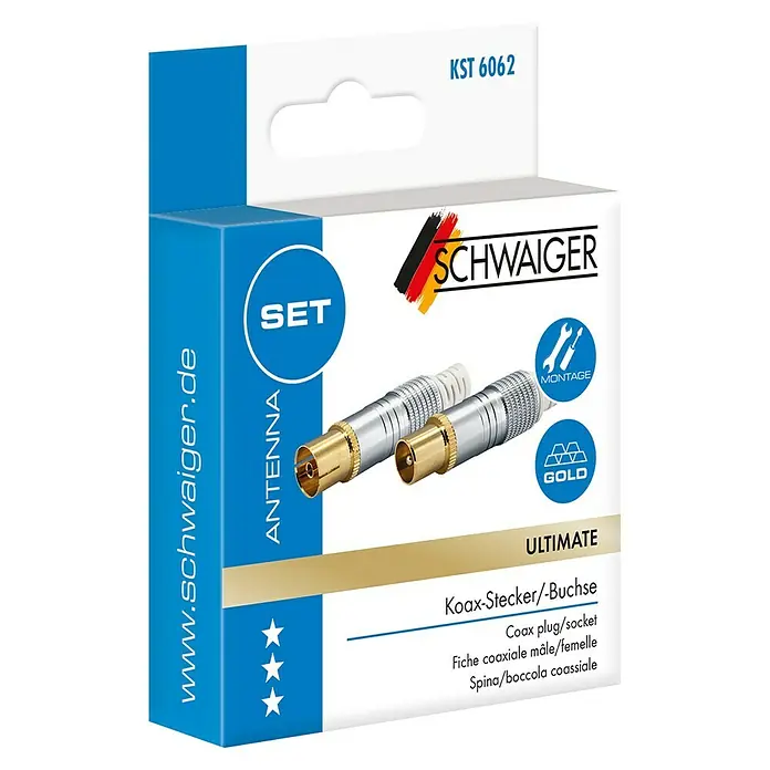 Schwaiger Koax-Stecker Set - Metall, IEC-Stecker, IEC-Buchse, 2 Stk. - Nahaufnahme einer Packung Schwaiger Antennenstecker mit vergoldeten Anschlüssen und der Aufschrift "Ultimate".