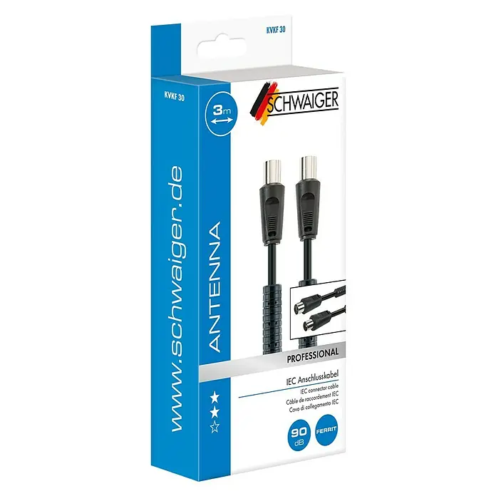 Schwaiger Antennen-Anschlusskabel - 3 m, Schwarz, 90 dB, IEC-Stecker, IEC-Buchse - Produktverpackung eines 3m langen Schwaiger Antennenkabels, ein IEC-Anschlusskabel für professionelle Anwendungen.