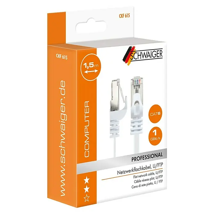 Schwaiger Netzwerk-Kabel CAT 6 U/FTP - Flach, Länge: 1,5 m, Weiß, RJ45-Stecker, Bis zu 1 GBit/s - Abbildung der Verpackung eines weißen SCHWAIGER Netzwerkkabels, U/FTP, mit der Kennzeichnung CAT6 und einer Datenrate von 1 Gbit/s.