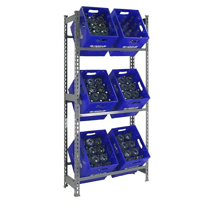 Simonrack Simonbottle Getränkekistenregal Bottleclick - H x B x T: 180 x 80 x 30 cm, Traglast Einlegeboden: 100 kg, Anzahl Böden: 3 Stk., Stecken, Grau - Regal mit blauen Kisten gefüllt mit Wasserflaschen der Marke "Tinare".