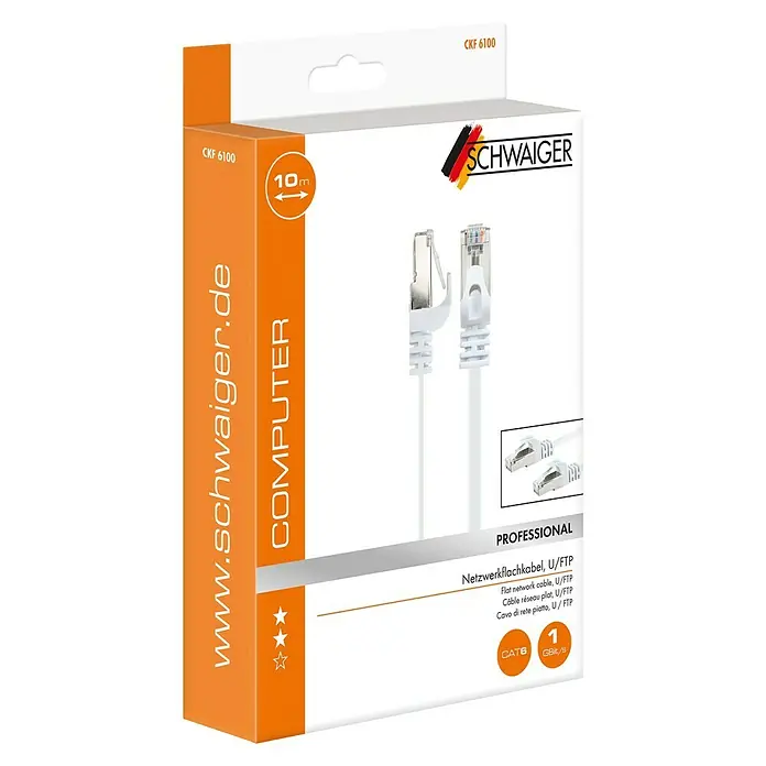 Schwaiger Netzwerk-Kabel CAT 6 U/FTP - Flach, Länge: 10 m, Weiß, RJ45-Stecker, Bis zu 1 GBit/s - Abbildung der Verpackung eines weißen 10m langen Netzwerkkabels (U/FTP) von Schwaiger mit Cat6-Spezifikation für professionelle Anwendungen.