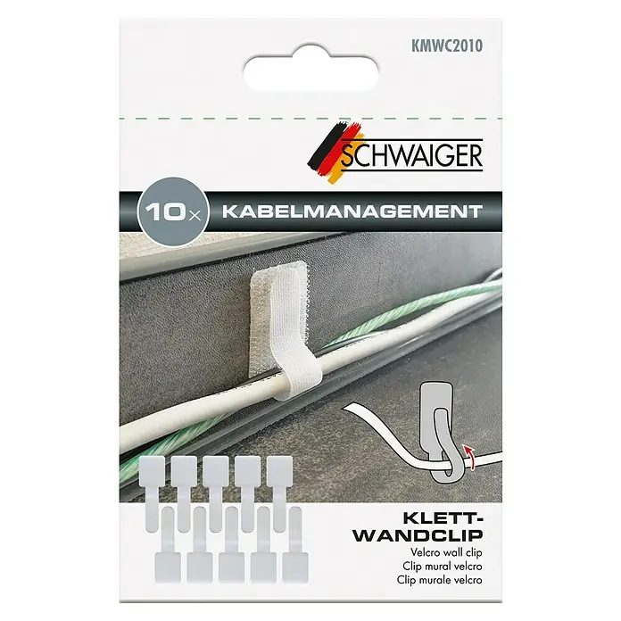 Schwaiger Klettbinder - L x B: 90 x 30 mm, Weiß, 10 Stk. - Produktverpackung der Schwaiger Klett-Wandclips zur Kabelbefestigung, 10 Stück zur einfachen und flexiblen Kabelordnung im Haushalt oder Büro.