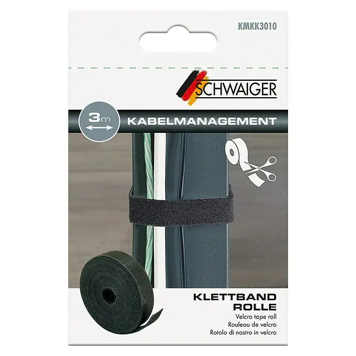 Schwaiger Klettband Rolle - L x B: 3 m x 15 mm, Schwarz, Selbstklebend - Produktbild: Klettbandrolle von Schwaiger zur Kabelverwaltung, 3 Meter lang. Ideal für Ordnung und Organisation von Kabeln.
