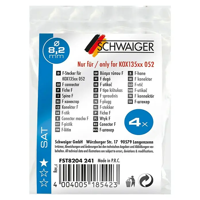 Schwaiger F-Stecker 8,2 mm - Silber - Bild einer Verpackung mit vier F-Steckern von Schwaiger, geeignet für KOX135xx 052, mit einem Durchmesser von 8,2 mm.