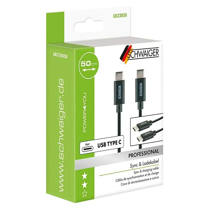 Schwaiger USB-Kabel - 0,5 m, USB C-Stecker, Schwarz - Abbildung einer Verpackung für ein 50 cm langes USB-Typ-C-Lade- und Synchronisationskabel der Marke SCHWAIGER, geeignet für professionelle Anwendungen.