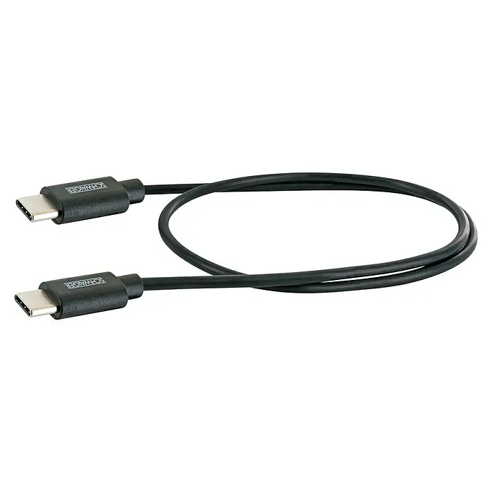 Schwaiger USB-Kabel - 0,5 m, USB C-Stecker, Schwarz - Abbildung eines schwarzen USB-C-Kabels von Schwaiger mit zwei USB-C-Anschlüssen und einem flexiblen, gerollten Kabel.