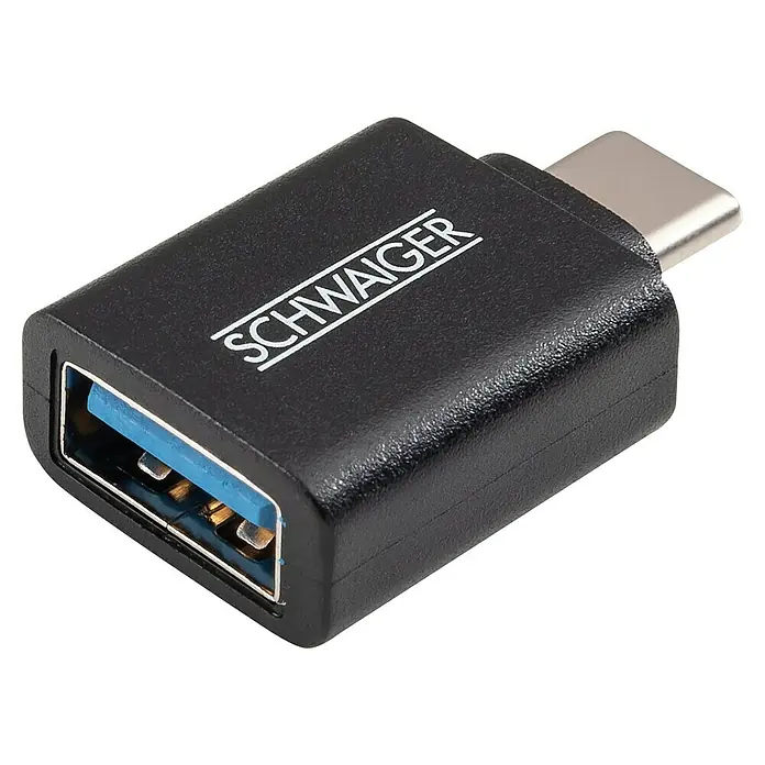 Schwaiger USB-Adapter 3.1 - Schwarz, USB C-Stecker - Nahaufnahme eines schwarzen SCHWAIGER USB-Adapters, der einen USB-A-Anschluss in einen USB-C-Anschluss umwandelt.