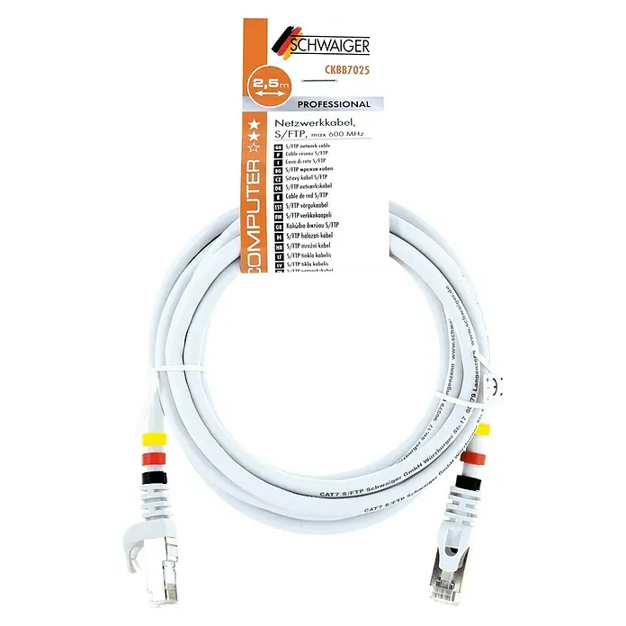 Schwaiger Netzwerk-Kabel CAT7 S/FTP - Länge: 2,5 m, Weiß, RJ45-Stecker - Abgebildet ist ein weißes, 2,5m langes, professionelles S/FTP Netzwerkkabel (CKBB7025) von Schwaiger mit einer maximalen Bandbreite von 600 MHz.
