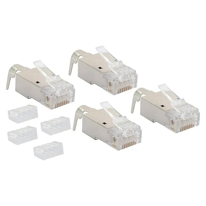 Schwaiger Netzwerk-Stecker CAT 6A / CAT 7 - RJ45-Buchse, Grau/Silber, 4 Stk. - Das Bild zeigt vier Netzwerkstecker RJ45 mit Zugentlastungen, die für eine stabile und sichere Kabelverbindung sorgen.