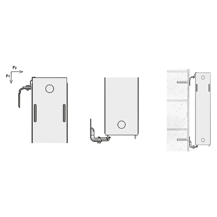 Heizkörper-Befestigung Universal 338 - Stahl, Verzinkt - Eine Abbildung eines modernen Heizkessels aus verschiedenen Perspektiven, der an einer Wand montiert ist. Minimalistisches Design mit Rohren und Armaturen.