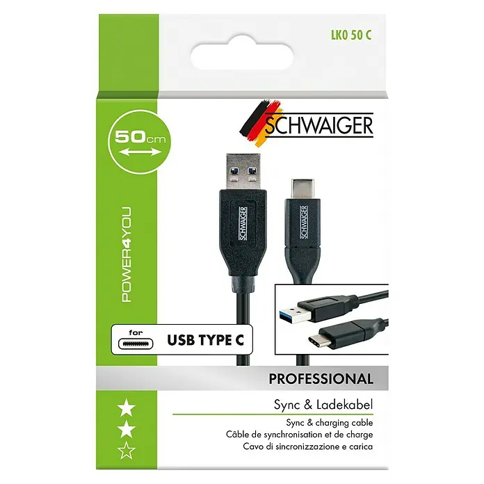 Schwaiger USB-Kabel - 0,5 m, USB A-Stecker, USB C-Stecker, Schwarz - Verpackung eines SCHWAIGER USB-Typ-C-Kabels mit einer Länge von 50 cm für professionelle Synchronisation und Ladung.