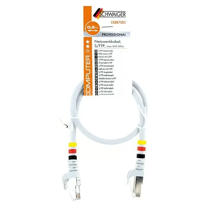 Schwaiger Netzwerk-Kabel CAT7 S/FTP - Länge: 0,5 m, Weiß, RJ45-Stecker - Weißes 0,5m S/FTP Netzwerkkabel mit RJ45-Steckern und Produktetikett.