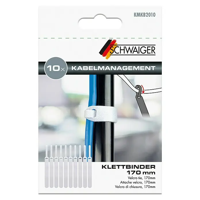 Schwaiger Klettbinder - L x B: 170 x 15 mm, Weiß, 10 Stk. - Produktbild von 10 Kabelbindern von Schwaiger mit Klettverschluss, 170mm Länge, zur einfachen Kabelorganisation.
