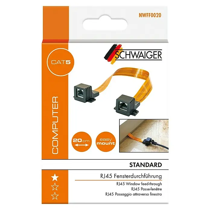 Schwaiger Kabeldurchführung RJ 45 Netzwerk Fensterdurchführung - RJ45-Buchse, Kabellänge: 29,5 cm - Produktverpackung für SCHWAIGER RJ45 Fensterdurchführung, eine CAT5-fähige Standardlösung für Computer, 20cm Länge, einfache Montage.