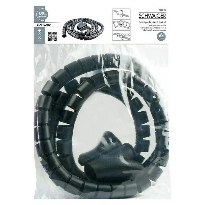 Schwaiger Kabelorganisierer KBSL28 043 - Kunststoff, Schwarz - Schwarzer Kabelschlauch von Schwaiger mit 1,5 m Länge und 28 mm Durchmesser, flexibel für Kabelorganisation und Schutz.