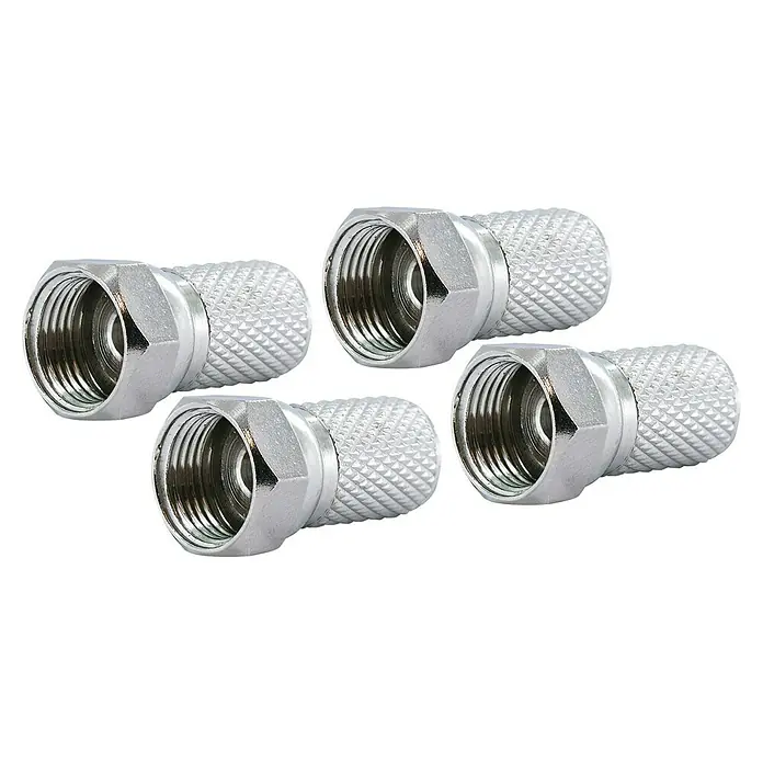 Schwaiger F-Stecker-Set - 7,3 mm, 4 Stk. - Fünf F-Stecker aus Metall, die für den Anschluss von Koaxialkabeln verwendet werden. Sie sind silberfarben und haben eine gerändelte Oberfläche.