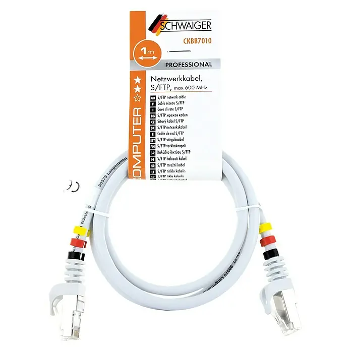 Schwaiger Netzwerk-Kabel CAT7 S/FTP - Länge: 1 m, Weiß, RJ45-Stecker - Bild eines weißen Schwaiger Netzwerkkabels, S/FTP, mit einer Länge von 1 Meter und einer maximalen Frequenz von 600 MHz, professionelle Ausführung.