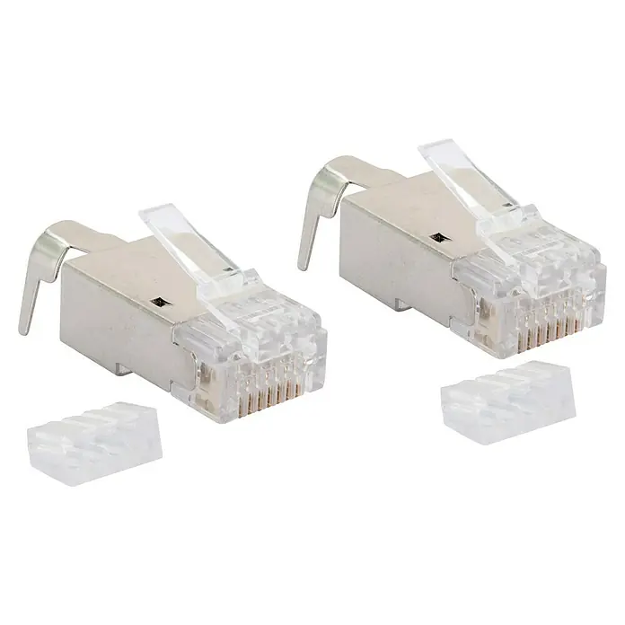 Schwaiger Netzwerk-Stecker CAT 6A / CAT 7 - RJ45-Buchse, Grau/Silber, 2 Stk. - Zwei RJ45-Stecker mit Schirmung und Zugentlastung für Ethernet-Kabel. Ideal für sichere und zuverlässige Netzwerkverbindungen.
