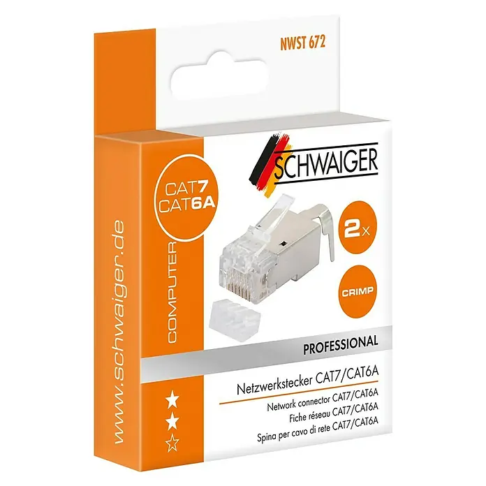 Schwaiger Netzwerk-Stecker CAT 6A / CAT 7 - RJ45-Buchse, Grau/Silber, 2 Stk. - Das Bild zeigt eine Packung mit zwei Netzwerksteckern CAT7/CAT6A von Schwaiger, ideal für professionelle Computerverbindungen.