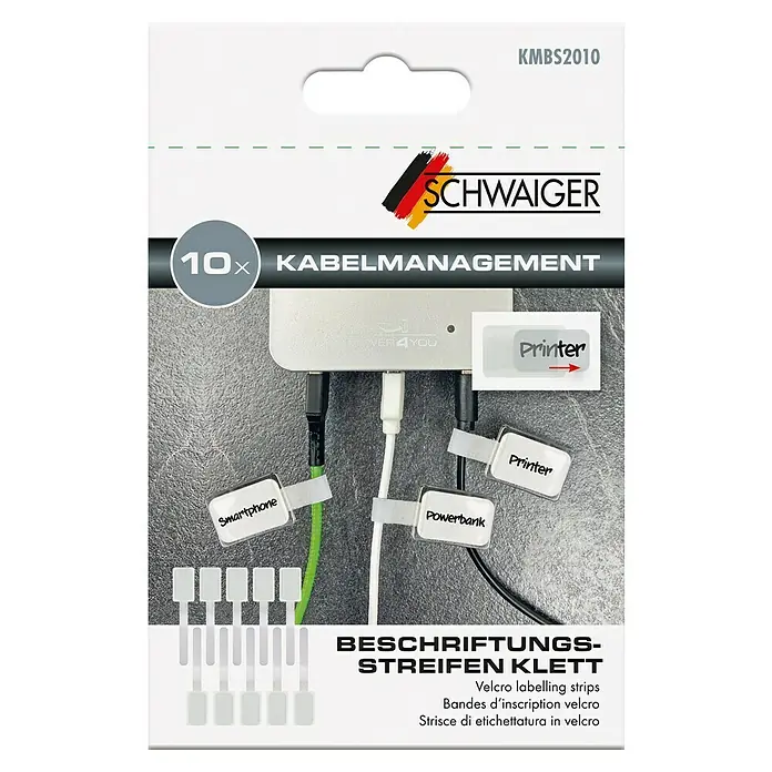 Schwaiger Klettbinder mit Beschriftungstafeln - L x B: 90 x 20 mm, Weiß, 10 Stk. - Produktverpackung von 10 Kabelmanagement-Beschriftungsstreifen Klett von SCHWAIGER zur Kennzeichnung von Kabeln.