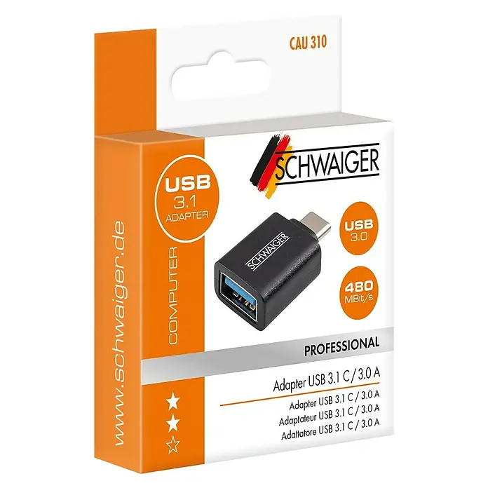 Schwaiger USB-Adapter 3.1 - Schwarz, USB C-Stecker - Produktverpackung eines USB 3.1 C/3.0 A Adapters von Schwaiger.