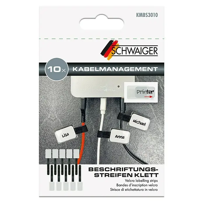 Schwaiger Klettbinder mit Beschriftungstafeln - L x B: 90 x 20 mm, Schwarz/Weiß, 10 Stk. - Produktbild der Kabelbinder von SCHWAIGER, zur einfachen und schnellen Beschriftung und Organisation von Kabeln im Büro oder Zuhause.