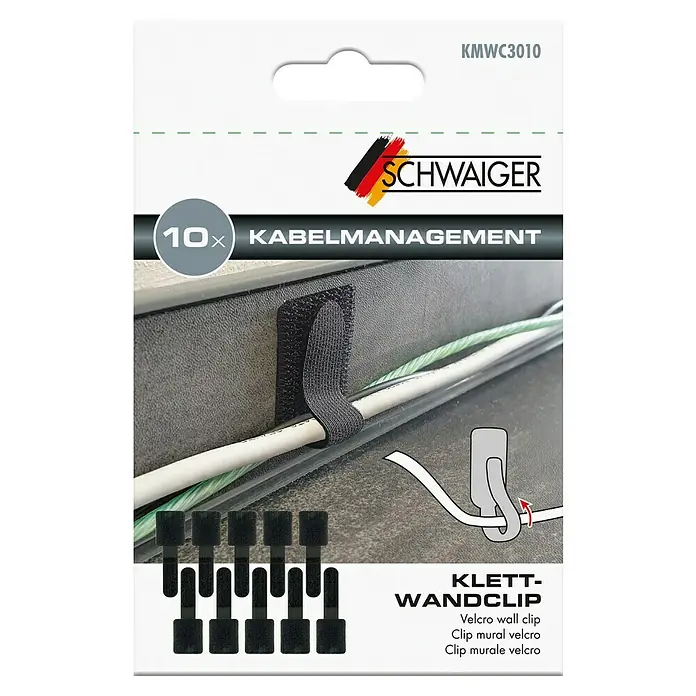 Schwaiger Klettbinder - L x B: 90 x 30 mm, Schwarz, 10 Stk. - Produktverpackung der Klett-Wandclips von Schwaiger zur Kabelbefestigung. Praktische Lösung für ein sauberes Kabelmanagement im Haushalt oder Büro.