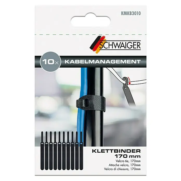 Schwaiger Klettbinder - L x B: 170 x 15 mm, Schwarz, 10 Stk. - Produktverpackung mit 10 Klettbindern von Schwaiger zur einfachen und ordentlichen Kabelführung, Länge 170 mm.