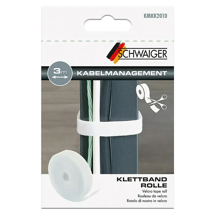 Schwaiger Klettband Rolle - L x B: 3 m x 15 mm, Weiß, Selbstklebend - Produktverpackung des weißen SCHWAIGER Klettband Rolle Kabelmanagement, 3 m lang, zum einfachen und schnellen Bündeln von Kabeln.