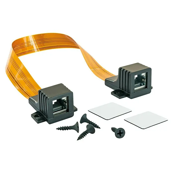Schwaiger Kabeldurchführung RJ 45 Netzwerk Fensterdurchführung - RJ45-Buchse, Kabellänge: 29,5 cm - Produktansicht von zwei schwarzen RJ45-Anschlüssen mit Flachbandkabel, Schrauben und Klebepads für die einfache Montage.