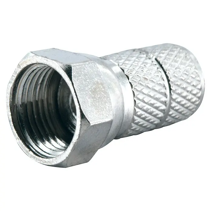 Schwaiger F-Stecker 8,2 mm - Silber - Nahaufnahme eines F-Steckers, einem Koaxialkabelverbinder mit Innengewinde und gerändelter Oberfläche für sicheren Halt.