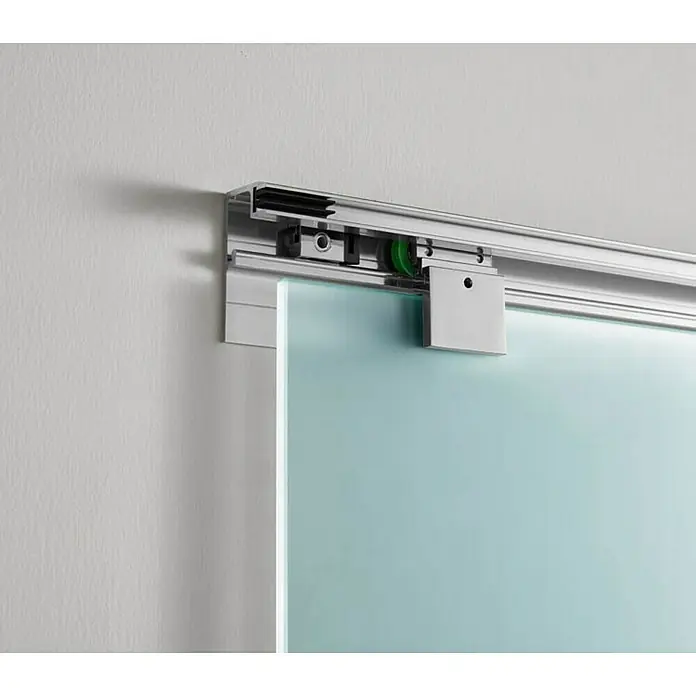 GME Puerta corredera de vidrio - 85 x 220 cm, Vidrio templado, Cromo - Imagen de un moderno herraje para puertas correderas con líneas limpias y un diseño minimalista.