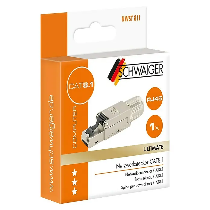 Schwaiger Netzwerk-Stecker CAT 8.1 - Silber, 1 Stk. - Das Bild zeigt die Verpackung eines Cat8.1 Netzwerksteckers von Schwaiger, Modell NWST 811, mit einer einzelnen RJ45-Buchse für Computer.