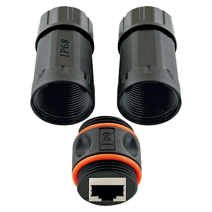 Schwaiger Verbinder CAT 6A Netzwerkverbinder - RJ45-Buchse, Außen, IP68 - Das Bild zeigt wasserdichte RJ45-Steckverbinder, die für Ethernet-Kabel verwendet werden und einen zuverlässigen Schutz gegen Feuchtigkeit bieten.