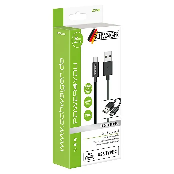 Schwaiger USB-Kabel - 2 m, USB A-Stecker, USB C-Stecker, Schwarz - Abbildung der Verpackung eines SCHWAIGER USB-Typ-C-Kabels mit einer Länge von 2 Metern, das für Synchronisation und Aufladung verwendet wird.