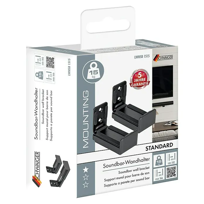 Schwaiger Wandhalter-Set - Passend für: Soundbar, Schwarz - Verpackung der Schwaiger Soundbar-Wandhalterung LWHBS 1515, geeignet für Soundbars bis 15 kg mit Montageanleitung.