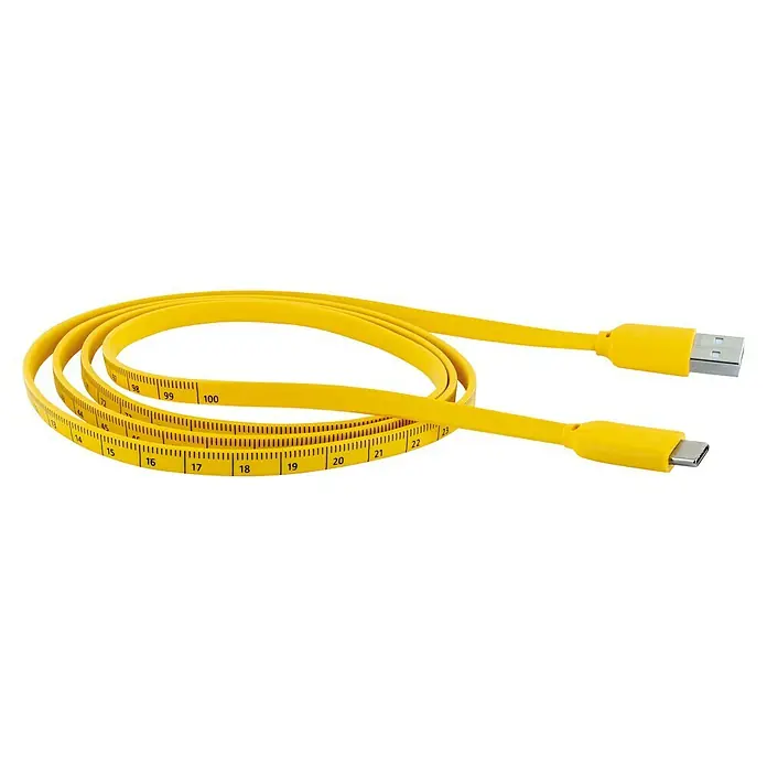 Schwaiger USB-Kabel Sync & Ladekabel mit Maßband - 1,2 m, USB A-Stecker, USB C-Stecker, Schwarz/Gelb - Gelbes USB-Kabel mit Messskala, das sowohl als Datenkabel als auch als Maßband verwendet werden kann.