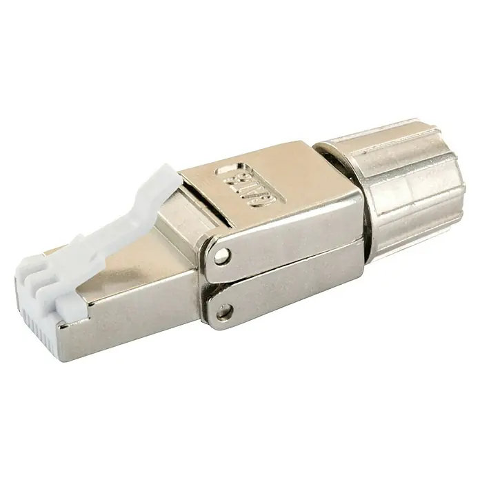 Schwaiger Netzwerk-Stecker CAT 8.1 - Silber, 1 Stk. - Nahaufnahme eines RJ45-Steckers, der für Netzwerkkonfigurationen verwendet wird und eine zuverlässige Verbindung bietet.
