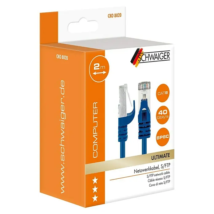 Schwaiger Netzwerk-Kabel CAT 8 (S/FTP) - Länge: 2 m, Blau, RJ45-Stecker, Bis zu 40 Gbit/s - Produktverpackung für ein blaues S/FTP Netzwerkkabel von SCHWAIGER, CAT8, 40 Gbit/s, 2m Länge, ideal für schnelle Computerverbindungen.