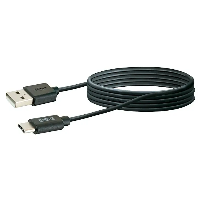 Schwaiger USB-Kabel - 2 m, USB A-Stecker, USB C-Stecker, Schwarz - Abbildung eines USB-A- zu USB-C-Kabels der Marke Schwaiger, das zusammengerollt und bereit für die Datenübertragung oder zum Aufladen ist.