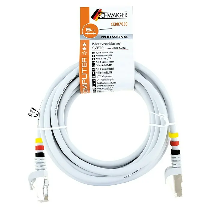 Schwaiger Netzwerk-Kabel CAT7 S/FTP - Länge: 5 m, Weiß, RJ45-Stecker - Abbildung eines weißen 5m langen SCHWAIGER Netzwerkkabels S/FTP, ideal für professionelle Netzwerkverbindungen bis zu 600 MHz.