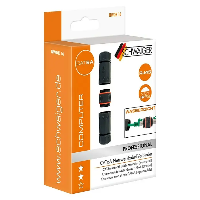 Schwaiger Verbinder CAT 6A Netzwerkverbinder - RJ45-Buchse, Außen, IP68 - Abbildung einer Verpackung für einen wasserdichten CAT6A-Netzwerkkabelverbinder von SCHWAIGER, ideal für Computeranwendungen.