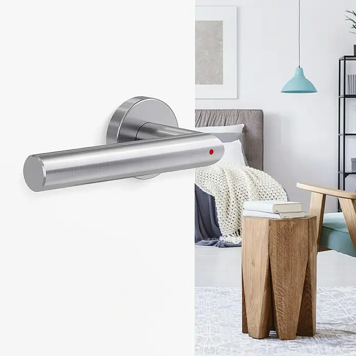 Diamond Doors Zimmertürgarnitur L-Form Premium Smart2Lock rechts - Stärke Tür: 38 mm - 45 mm, L-Form, Edelstahl matt, DIN Anschlag: Rechts, Passend für: Türen ohne Schlüssellochbohrung, Türen mit Schlüssellochbohrung benötigen zusätzlich eine Blindrosette - Türgriff aus Edelstahl mit rotem Punkt. Modernes Design für stilvolle Innentüren. Robuste Ausführung für lange Haltbarkeit.