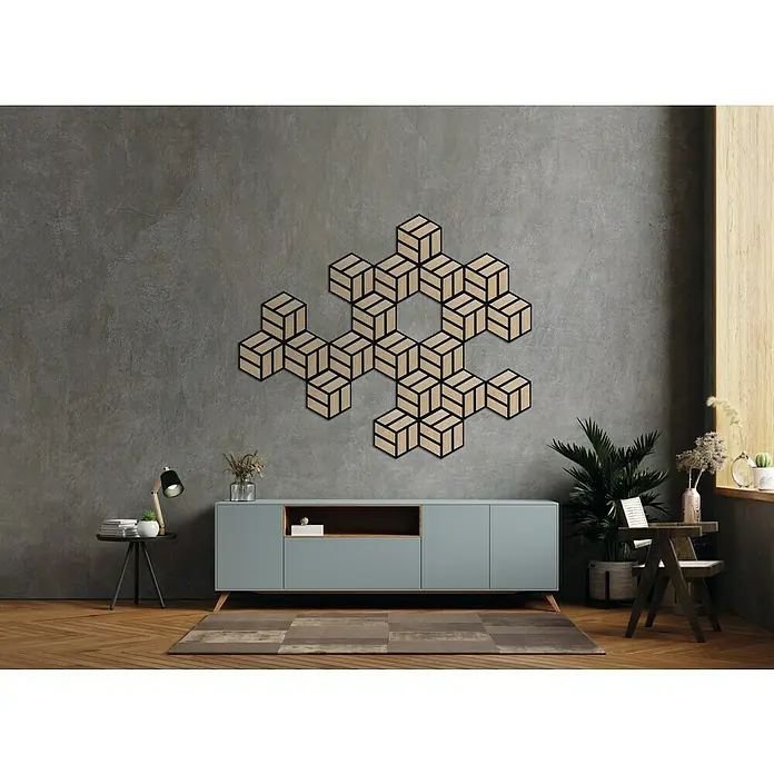 FN Neuhofer Akustikpaneel Acustico Hexago - Eiche furniert, L x B x S: 260 x 300 x 19 mm, 2 Stk. - Wanddeko im modernen Stil. Die Dekoration besteht aus mehreren sechseckigen Elementen mit würfelartigen Mustern in Beige und Schwarz.