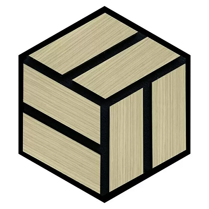FN Neuhofer Akustikpaneel Acustico Hexago - Eiche furniert, L x B x S: 260 x 300 x 19 mm, 2 Stk. - Isometrisches Würfel-Design mit hellen Holzpaneelen und schwarzen Trennlinien.