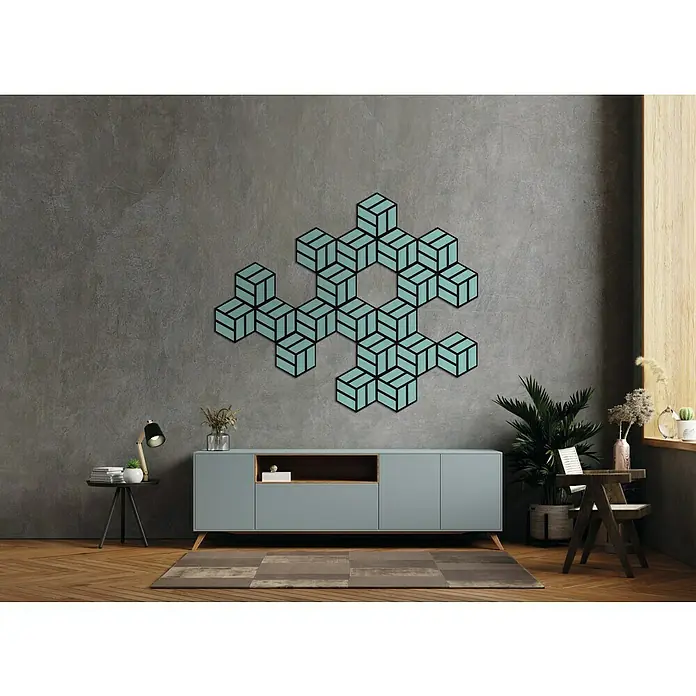 FN Neuhofer Akustikpaneel Acustico Hexago - Ocean Splash, L x B x S: 260 x 300 x 19 mm, 2 Stk. - Wandmontiertes, türkisfarbenes 3D-Würfel-Wandkunstwerk, das eine geometrische, wabenförmige Anordnung bildet. Es hängt über einem Sideboard in einem modernem Wohnraum.