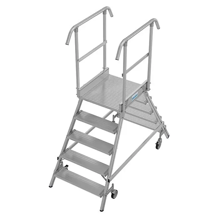 Krause Stabilo Podestleiter - Arbeitshöhe: 3,2 m, Anzahl Tritte: 10 Stk., Aluminium - Mobile Aluminium-Arbeitsplattform mit Sicherheitsgeländern, breiten Stufen und integrierten Rädern zur einfachen Bewegung.