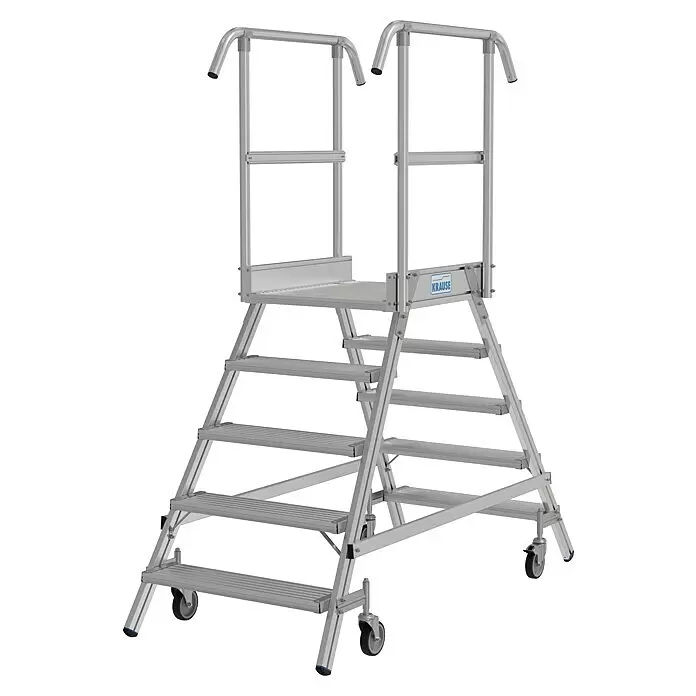 Krause Stabilo Podestleiter - Arbeitshöhe: 3,2 m, Anzahl Tritte: 10 Stk., Aluminium - Silberne Aluminium-Arbeitsplattform mit mehreren Stufen, Geländern und Rollen für Mobilität und sicheren Zugang.